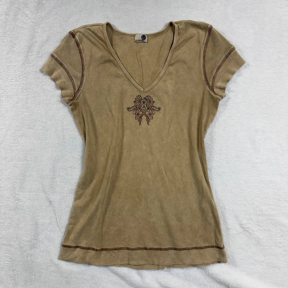 One World L V-Neck Graphic Top Tan Contrast Stitch Boho Fairygrunge Goblin Y2K